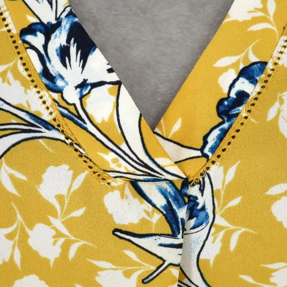 J Crew Top Womens Small Gold Blue White Floral Tunic Blouse Pullover V-neck